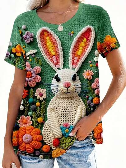 Camiseta gráfica de manga corta y cuello redondo casual para mujer con estampado de flores, conejos y motivos de San Patricio y Pascua, ideal para primavera y verano