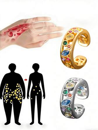 时尚水晶石英离子戒指，具有理疗、瘦身、淋巴引流功效，磁性多色简约镂空随机颜色戒指，女士礼物，开口戒指，可轻微弯曲以调节尺寸。