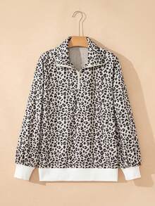 Acelitt Hanorac casual cu imprimeu leopard și rever cu fermoar pe un sfert pentru femei, la modă de iarnă - Multicolor - Vizualizare 2