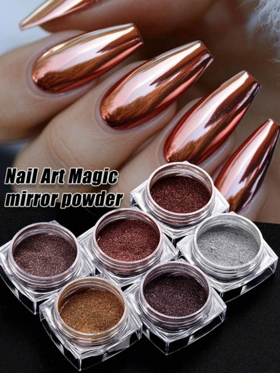 6 Packs Winter Nail Art Mirror Powder, Pearl Glitter DIY, Brown DIY Nail Glitter, Aurora Nail Glitter With Mirror Effect, DIY Nail Art Decoration - 彩色 - 查看 1