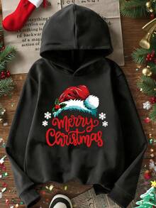 Tween Boy "Christmas Eve" Print Thermal Lined Thick Warm Sweatshirt, Suitable For Kids Autumn/Winter Long Sleeve Top - Black - View 1