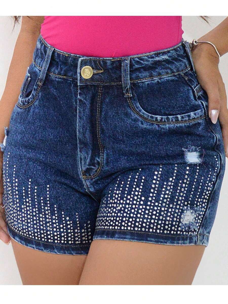 Women's Short Denim Shorts With Dark Rhinestones - 深色水鑽 - 查看 1