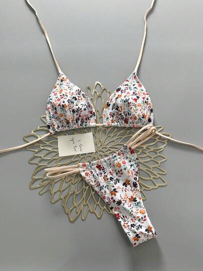 2pcs Casual Cute Elegant Sexy Bohemian Floral Tie-Up Braided Bikini Swimsuit, Beach Holiday, Spring/Summer