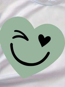 Girls Heart Print Short Sleeve Top And Bow Tie Long Pants - Green - View 4