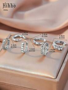 Hihho 6pcs/Set Colorful Zirconia Inlaid Clip-On Earrings, Classic Retro Design Zirconia Earrings, Lightweight Luxury Minimalist Earring Set, Suitable For Daily Stacking Or Single Wear, Best Gift For Friends - Silver - View 7