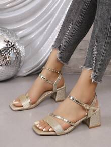 一双玫瑰金时尚绑带女士粗跟凉鞋，纯色露趾，简约时尚，适合商务、约会、派对等场合，欧美流行款式 - 玫瑰金 - 查看 4