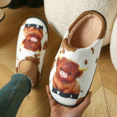 Cute Highland Cow Plush Thick Warm Slippers, Unisex Indoor Slippers For Women,Fluffy Slippers