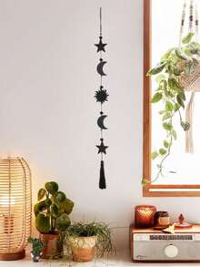 1 Stück Wandbehang mit Mondphasen, Stern Mond Sonne Quaste Dekoration, bohemische Heimdekoration für Wohnzimmer Schlafzimmer, hexenhafte spirituelle Wandkunst, minimalistischer himmlischer Schmuck, bohemianischer vertikaler Wanddekor