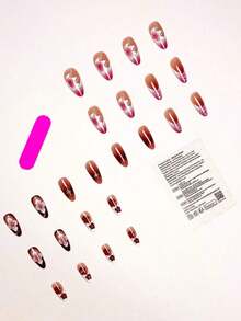 24pcs/Set Elegant Gradient Pink & White Almond-Shaped Nail Stickers With 3D Floral & Pearl Decor, Includes Gel Polish And Nail File, Suitable Girls/Women Daily, Party, Autumn Nails - 多色 11 - 查看 4