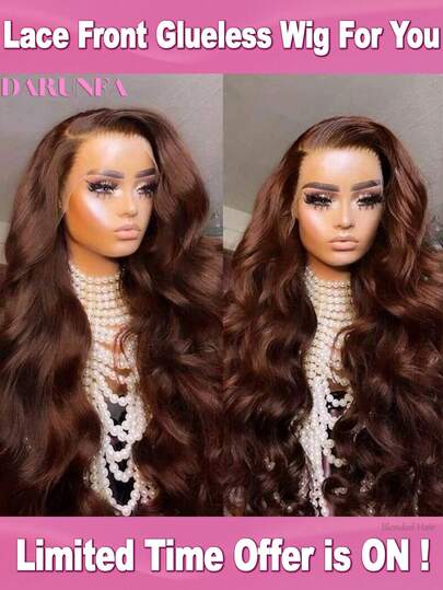 [34 Inch 200% Density] Body Wave Glueless Wigs Human Blended Hair Chocolate Brown 13x4 HD Transparent Lace Frontal Weaves Brazilian Virgin Hair Wig Pre Plucked Natural Hairline & Pre-Bleached Invisible Knots With Baby Hair Suitable For Women To Wear On Daily Or Holiday Occasions Synthetic Wig Cosplay Wigs Suitable For Halloween Or Parties