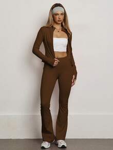 PinkTip Pink Tip Women's Solid Color Seamless Elastic Jacket & Leggings Sports Set, Butt Lifting Slim-Fit Soft Pants, Casual Sportswear For Daily, Fitness, Workout, Running, Yoga, Pilates