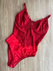 Body Bori De Renda Com Aro Blogueira Influencer Com Tulê - Vermelho - Visão 7