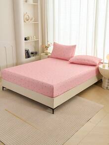 1pc Soft & Breathable Striped Heart Geometric Pattern Fitted Sheet/Mattress Protector Set, Fits Twin, Full, Queen, King Size Beds With Deep Pocket Up To 11.8 Inches, Suitable For Home, School, Dorm, Machine Washable - Watermelon Pink - View 5