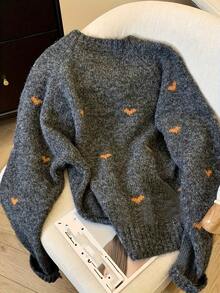 ii Women's Comfortable Heart Pattern Long Sleeve Pullover Sweater, Round Neck Design - Dark Grey - View 3