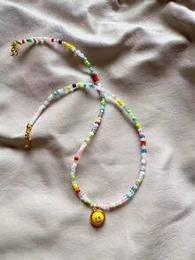 Cute Smiling Face Beaded Necklace, Minimalist Unique Colourful Chain Necklace For Men, Stylish Retro Collar Necklace - Multicolor - View 7