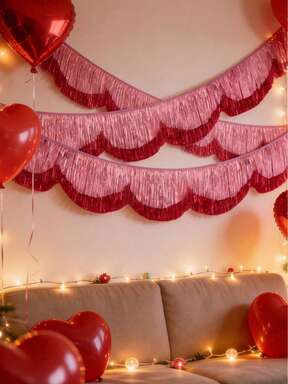 Pink Scalloped Metallic Tinsel Banner, Pink Fringe Backdrop 5.9 Ft Pink Foil Fringe Garland, Fringe Banner - Layered Party Tinsel Garland For Party Banners Bachelorette Decorations, Birthday Photo Booth Backdrop, Happy Birthday Decor, New Year Party Decor, Bridal Shower Wicked Banner,Valentines Decor