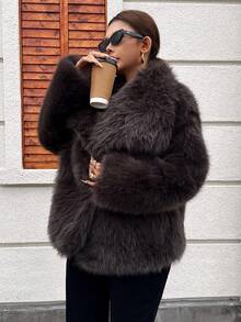 Seelio 秋冬新款厚人造毛领人造毛内衬中长款时尚皮草大衣 - 深灰色 - 查看 4