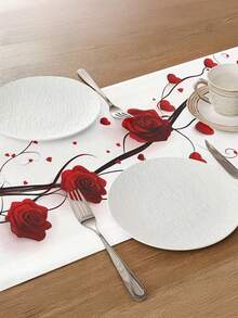 1pc, Romantic Red Rose Heart Pattern Table Runner, Warm Home Decor For Festive Celebrations And Various Occasions To Add Love & Elegance(13x35.4/47.2/63/72/78.7 Inches) - Rose Red - View 5