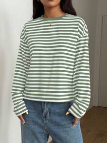 Women's Casual Top, Striped Color Block Ribbed Everyday Wear - Green and White - View 9