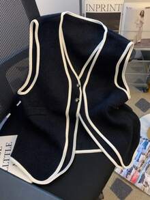 YUXIN Spring/Auto/Winter Retro 2 In 1! Women's Woolen Vest V-Neck Contrast Trim Double Pockets Soft Office Style - Black - View 4