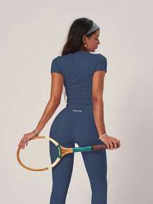 PinkTip 蓝色基础款上衣和裤子套装，高腰宽松版型，夏季休闲健身必备单品 - 藍色 - 查看 8