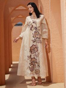 女士优雅V领刺绣网纱长袖卡夫坦连衣裙 - NC78 - 查看 5