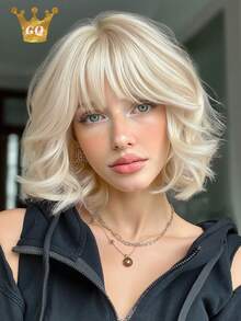 10-Inch Short Curly Golden Bobo Wig With Bangs, Suitable For Parties, Cosplay And Other Occasions, Synthetic Wig For Daily Wear And Costume Play - Gold - View 12