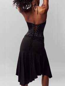 Women's Solid Color Halter Neck Low-Cut Slim-Fit Waist-Cinching Top, Women's Slim-Fit Button/Belt Party/Festival Street Style Halter Neck Top - 黑色 - 查看 4