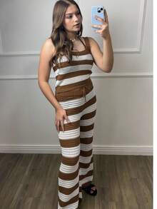 Beach Cover-Up Pants, Drawstring, Striped, Crochet, Blogger Style, Luxury Knitwear, Elegant, Women's Fashion, Summer, Casual, Beach Vacation - Lạc đà - Xem 2