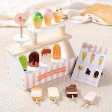 木制过家家冰淇淋售货亭玩具，儿童逼真木制冰淇淋展示摊位玩具套装，小女孩角色扮演商店销售游戏，儿童生日圣诞节礼物套装 - 彩色 - 查看 4