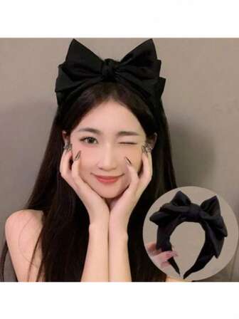 1pc Elegant Korean 3D Black Bow Headband - Large Polyester Fiber Hairband, Suitable For Women, Non-Woven Fashion Hair Clip, Fits Normal Hair ,Hair Band ,Diadema ,Hair Hoop