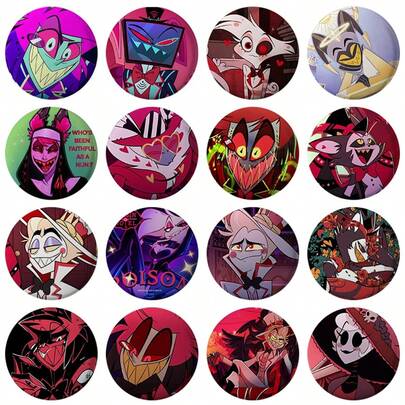 58mm Divertido botón de pasador de anime Hazbin, insignia creativa y divertida de Alastor Vox Husker de dibujos animados, broche decorativo para bolsos, coleccionable y regalo para fans