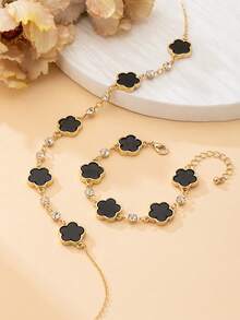 1pc Black Clover Pendant Necklace With Rhinestones, Elegant High-End Luxury Feel, Autumn/Winter New Style; 1pc Women Bracelet Jewelry Set, Gift For Valentine's Day Date - Black - View 3