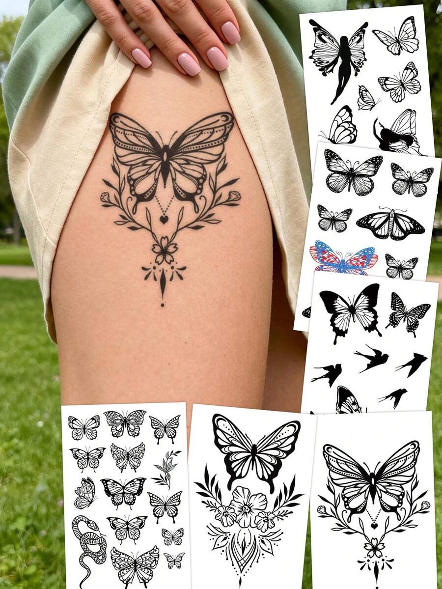 STARTTOOS Black Dynamic Butterfly Tattoo Sticker With Multiple Butterfly Flower Patterns Temporary Fake Tattoo Sticker Suitable For Wrist, Ankle, Shoulder, Neck, Collarbone DIY Daily Party, Festival Gift Waterproof Realistic Body Tattoo Sticker - Multicolor - View 1