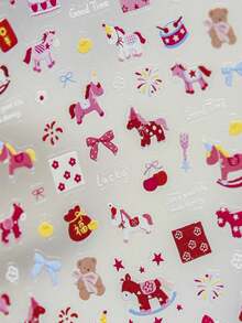 1pc Cute Cartoon Pony Bear Red Flower Firework Bow Lucky Bag Cake Press-On Nail Stickers 5D Nail Art Celebration Festive Whimsical Self Adhesive Nails For Women's Joyful DIY Manicure Decals - Multicolor - View 9