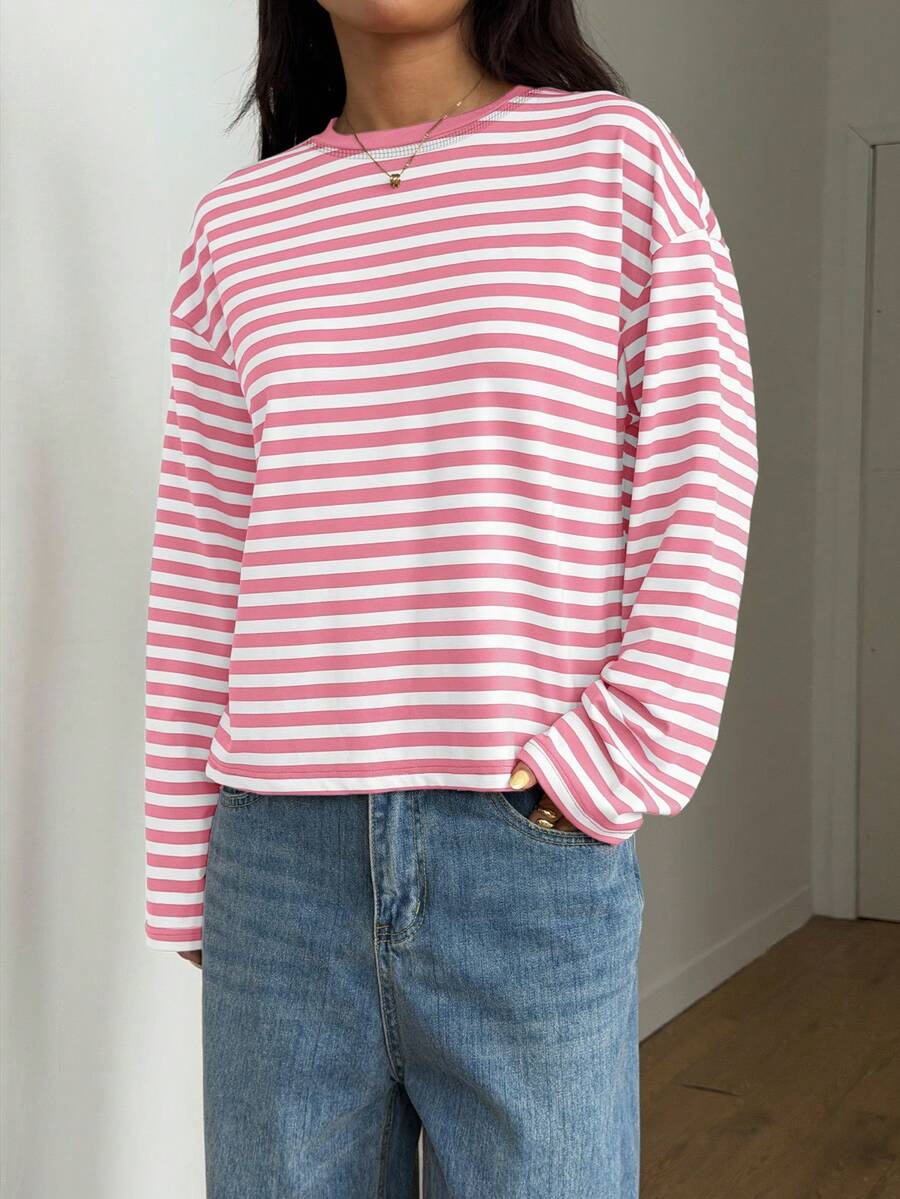 SDNGED Women Casual Top, Striped Contrast Ribbed Everyday Wear Spring Pink