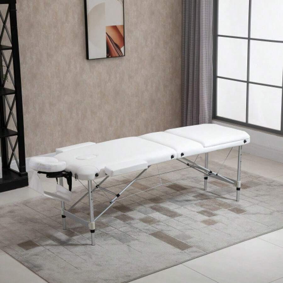 HOMCOM Folding Massage Table, Height Adjustable With Headrest, For Salons And Spas, Plastic And Aluminum, White, 215 X 60 X 61-84 Cm - White - View 1