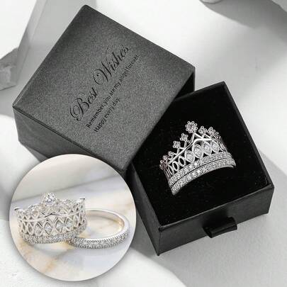 奢华皇冠公主风格戒指镶嵌方晶锆石，适合女性在婚礼、订婚和节日佩戴，可作为礼物