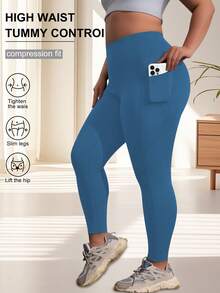 大码女式高腰显瘦休闲运动瑜伽裤，带口袋，柔软塑形纯色打底裤，户外运动休闲健身服 - 天藍色 - 查看 4