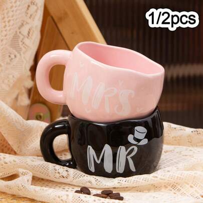 1/2pcs 285ml/9.5oz Mr And Mrs Ceramic Coffee Mugs, Black & Pink Handmade Irregular Porcelain Tea Cup For Matcha Latte Milk, Couple Cup Gifts For Wedding Anniversary Engagement Valentines, His Hers Present Husband Wife Him Her Men Women