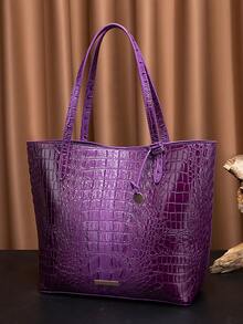Women's Shoulder Bag European And American Style Crocodile Print Tote Bag Blue Large Capacity Commuter Tote Bag With Coin Purse Blue Crocodile Leather Tote Bag Large-Capacity Mother-In-Law Bag Fashionable And Versatile Handbag - Bold Plum - 查看 3