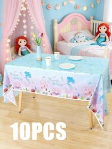 3 piezas Mantel con tema de sirena de 130 cm x 220 cm, degradado de azul y rosa soñador con patrón de sirena y coral, adecuado para fiesta de cumpleaños, fiesta de piscina de verano, decoración del hogar con tema oceánico y uso diario - Multicolor - Ver 14