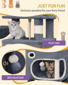 HEXCELEN 62.6" Cat Tree, Multi-Level Cats Condo With 8 Scratching Posts, Cat Tower For Indoor Cats, 3 Platforms, 2 Caves, Basket, Plush Balls, Sisal Rope, Anti-Tip Kit, Dark Grey - 深灰色 - 查看 4