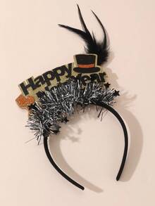 1pc Women's Headband With Gold, Silver, Black Feather, Shiny Ribbons, 2026 New Year Decoration Happy New Year Party Headpiece, Suitable For New Year Ball, Gathering, Party Matching, Hair Band, Hair Hoop - Black - View 5