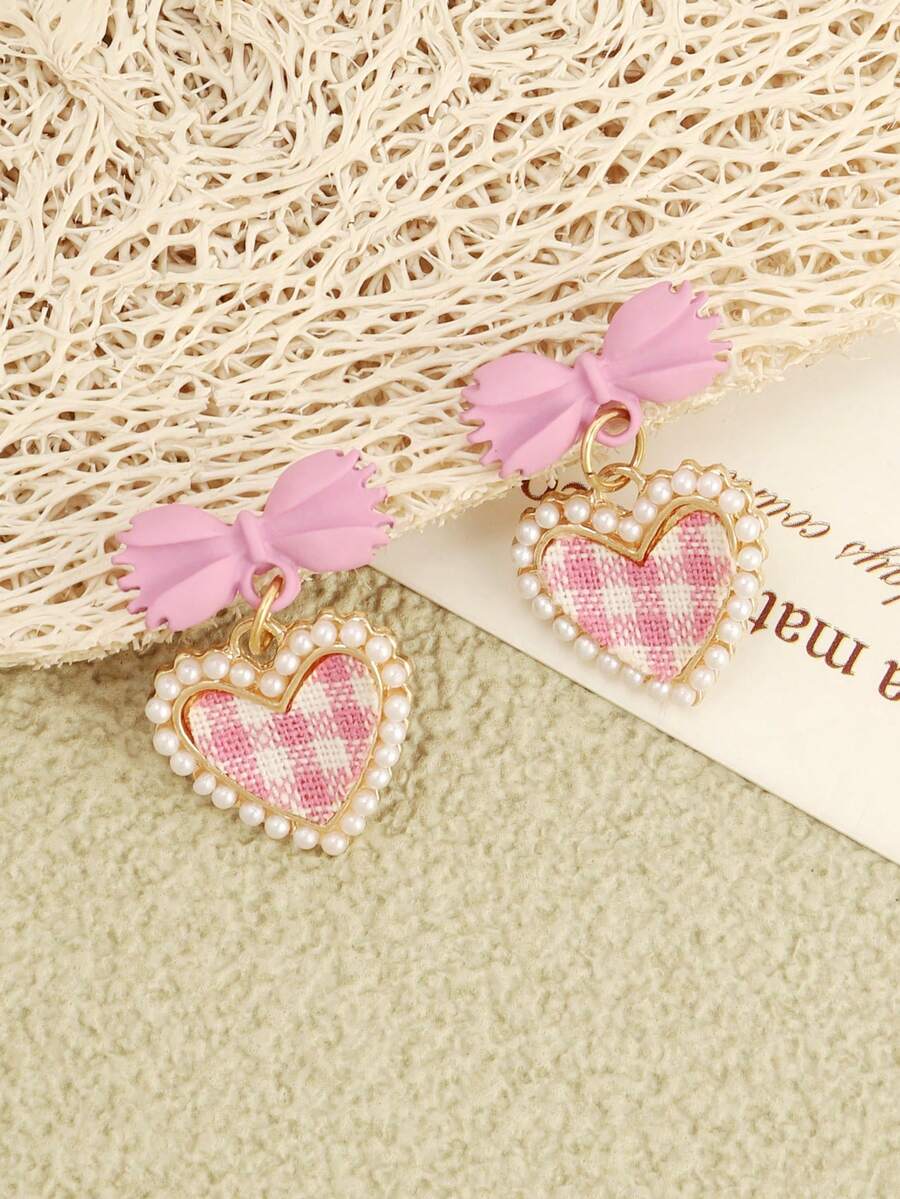 1 Pair Cute & Sweet Pink Bow Heart Faux Pearl Earrings - Pink - View 1