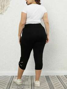 Plus Size Women's Solid Color Side Round Patchwork Tight Yoga Sports Capri Pants, Summer - Black - View 6