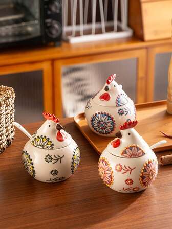 Förvaringsset i keramisk form i japansk trädgårdsstil, söta handmålade, underglaserade burkar med lock och sked, burk för kaffebönor, flingor, kryddor, snacks, torkad frukt, bakingredienser. Perfekt för kök, vardagsrum, bordsdekoration och presenter.