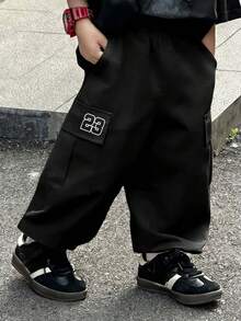 1pc Young Boy Fashionable Casual Loose Fit Straight Leg Cargo Pants - Black - View 5