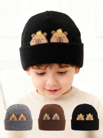 1PC פעוט סרוג כפת כובע רך חם נמתח חמוד דוב סמל עיצוב ילדים חורף כובע יומיומי ללבוש חיצוני פעילות בית ספר קר עונה ראש