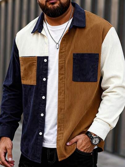 大码男士灯芯绒拼色透气休闲衬衫，面料舒适，正面全纽扣，适合日常、通勤、街头时尚，夏季新款长袖